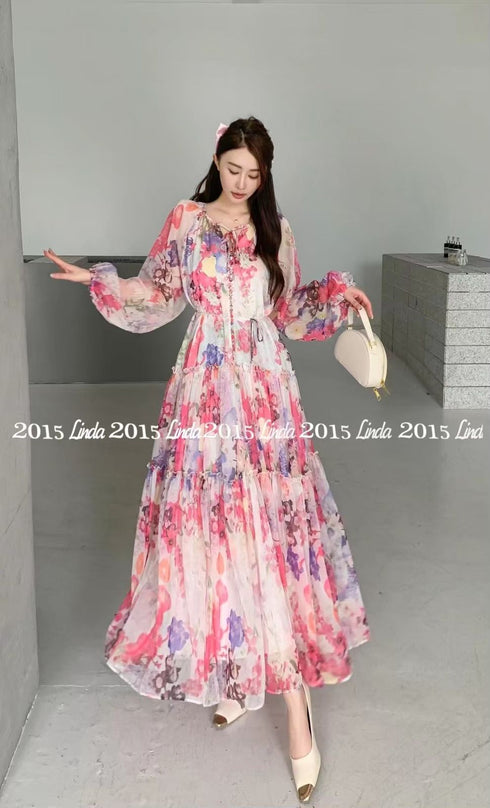 Multi Button Down Floral Waist Tie Long Maxi Dress